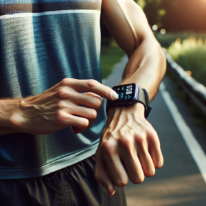 A runner using a smartwatch to track their run.