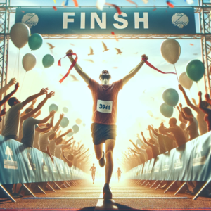A happy runner crossing the finish line of a half-marathon.