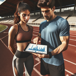 runner with a coach reviewing performance data on a tablet